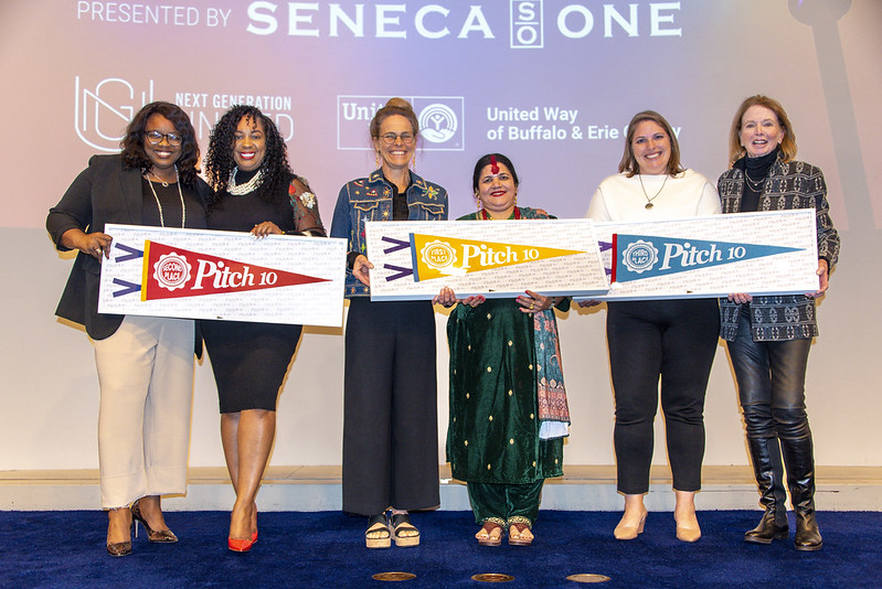2023 Pitch 10 Winners: Second Place (left) Confident Girl Mentoring, First Place (center) Stitch Buffalo and Third Place (right) Collaborative Center for Social Innovation 