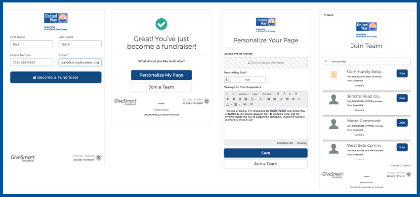 Screen shots of the 4 different registration pages on give smart