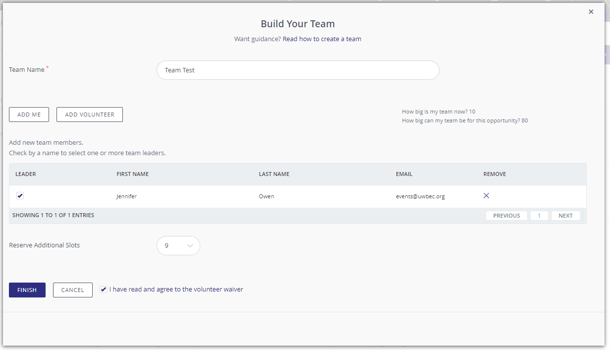 Build your team page on volunteerwny.org