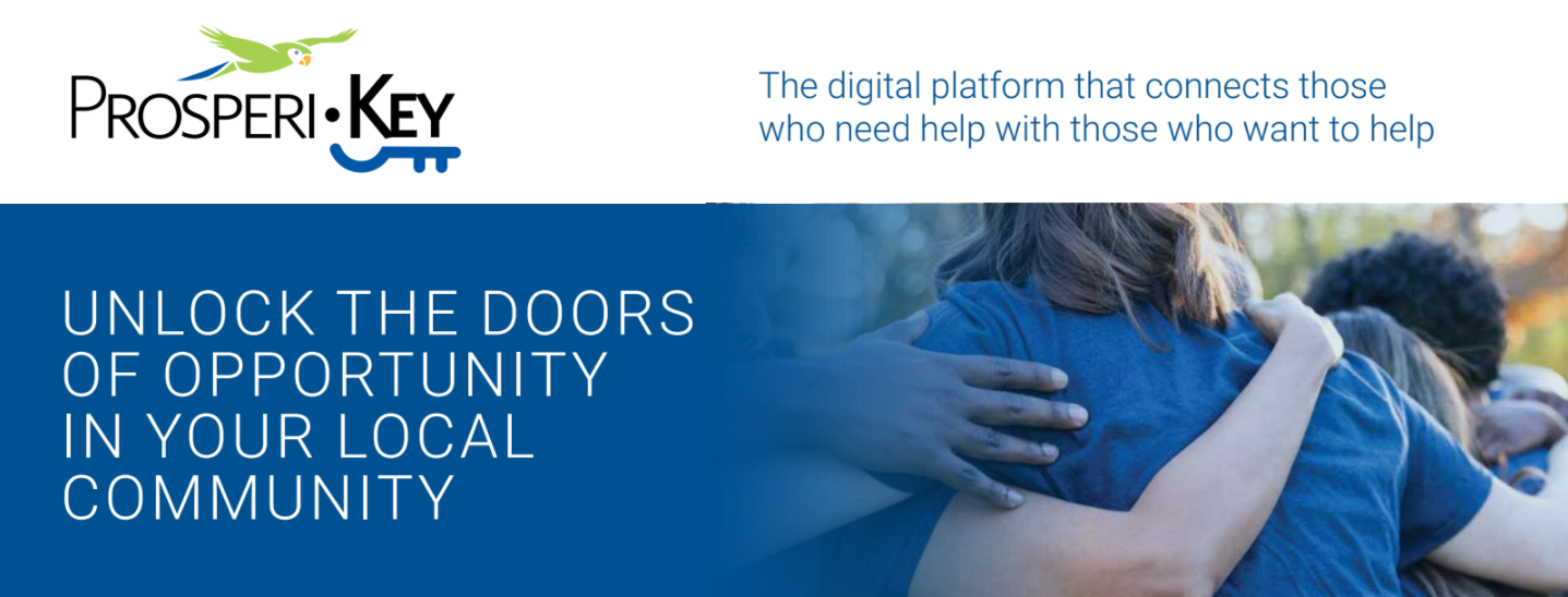 Prosperi Key- Unlock the doors of opportunity in your local community. Also shown is a group of children hugging in the picture. 