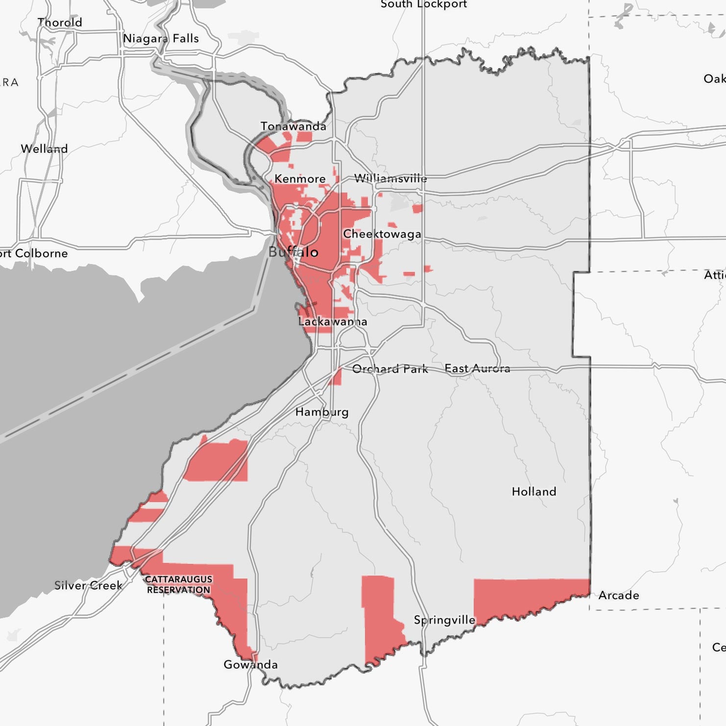 Map of WNY highlighting prioritized areas for RFP funding